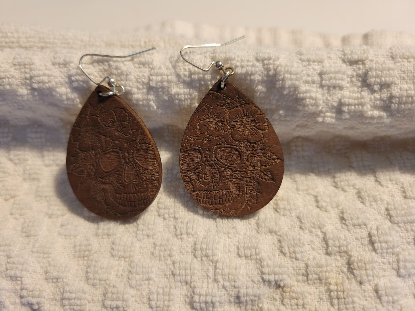 Walnut Engraved Sugar Skull Earrings