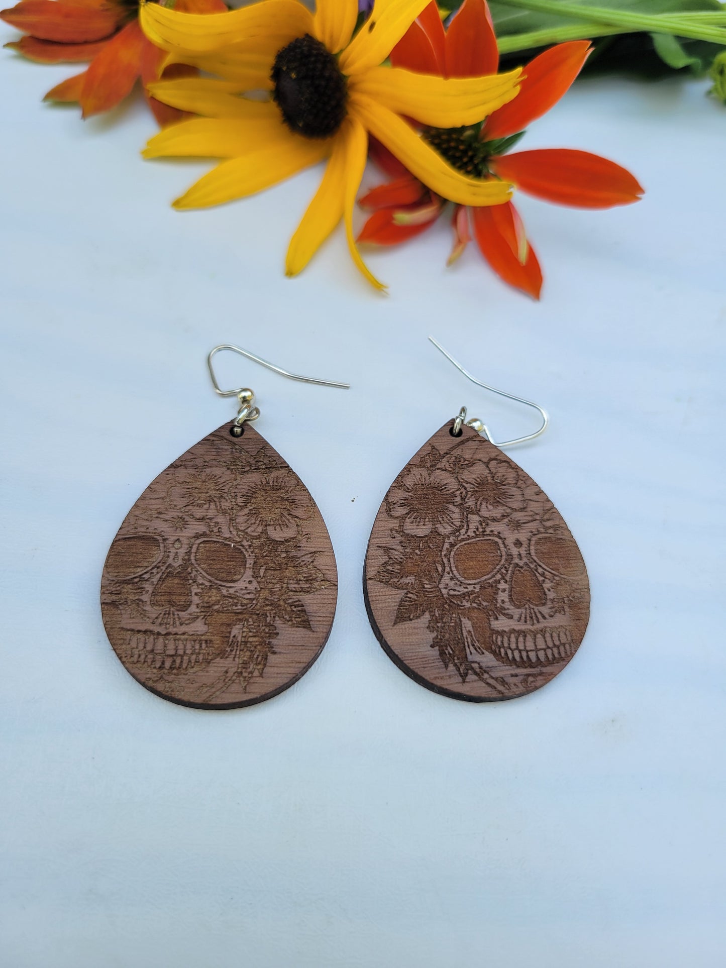 Walnut Engraved Sugar Skull Earrings