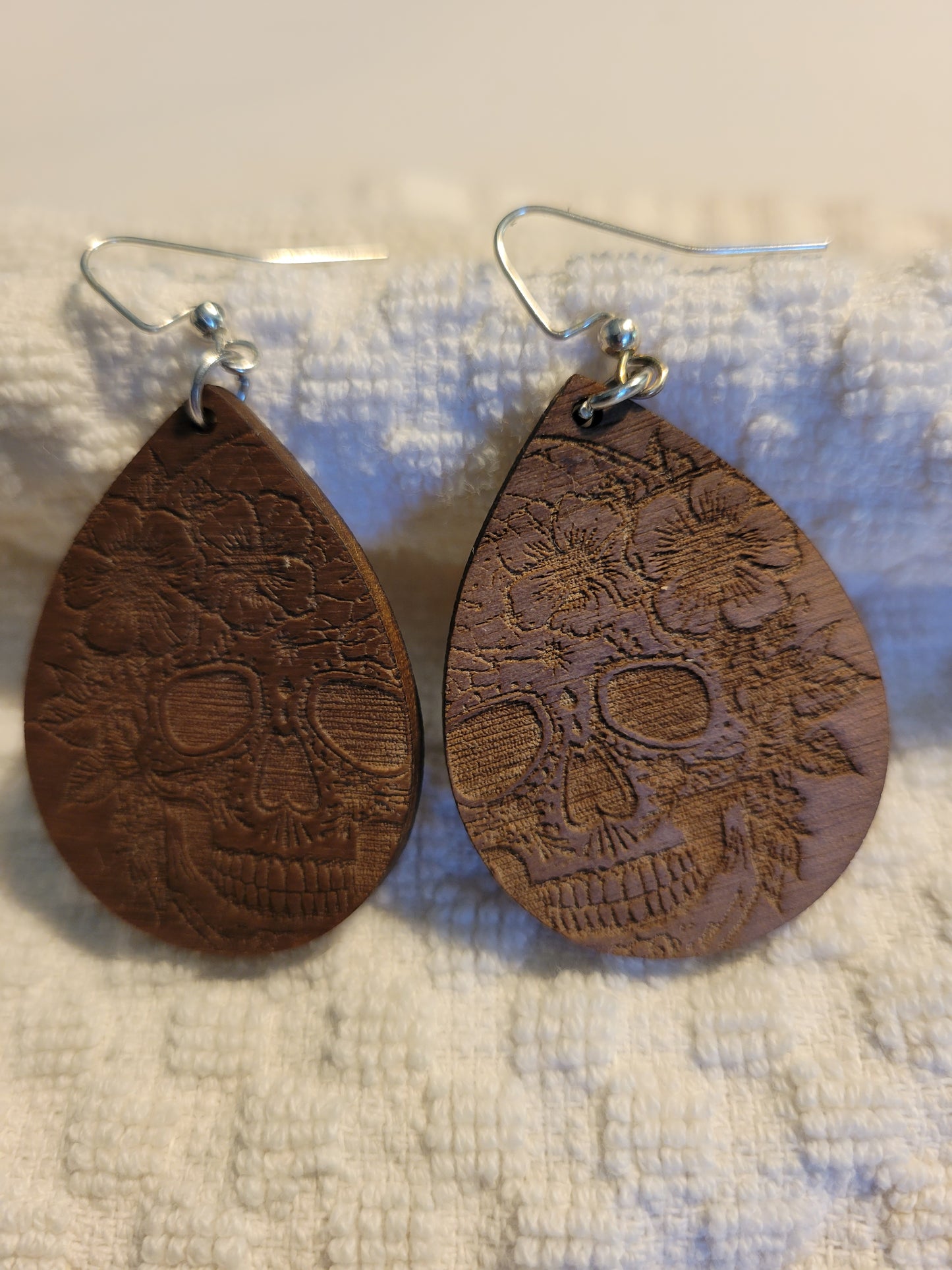 Walnut Engraved Sugar Skull Earrings